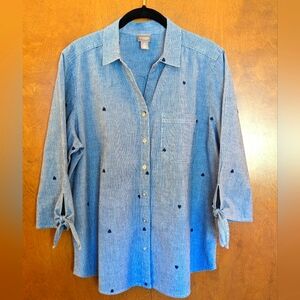 Chico's Navy Pinstripe Shirt w/Navy Embroidered Hearts